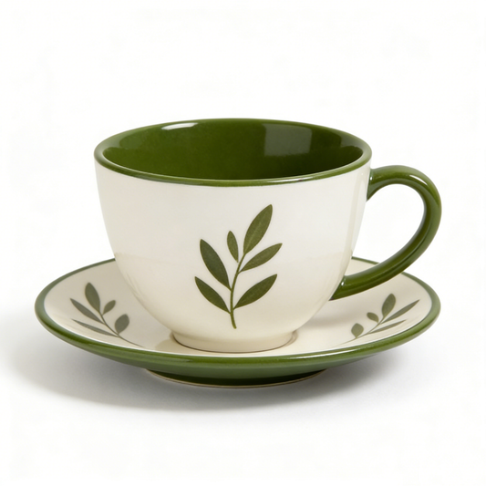 Green Leaf Ceramic Cup & Saucer