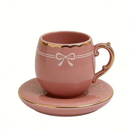 Pink Bow Gold Trim Ceramic Cup & Saucer