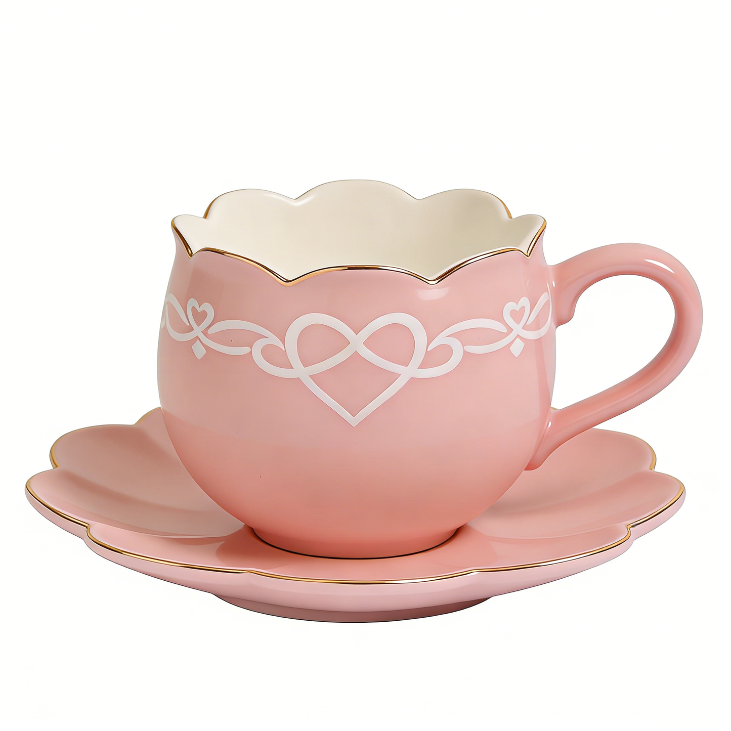 Pink Heart Scallop Ceramic Cup & Saucer