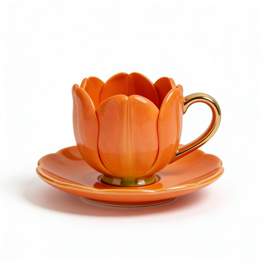 Orange Tulip Flower Ceramic Cup & Saucer