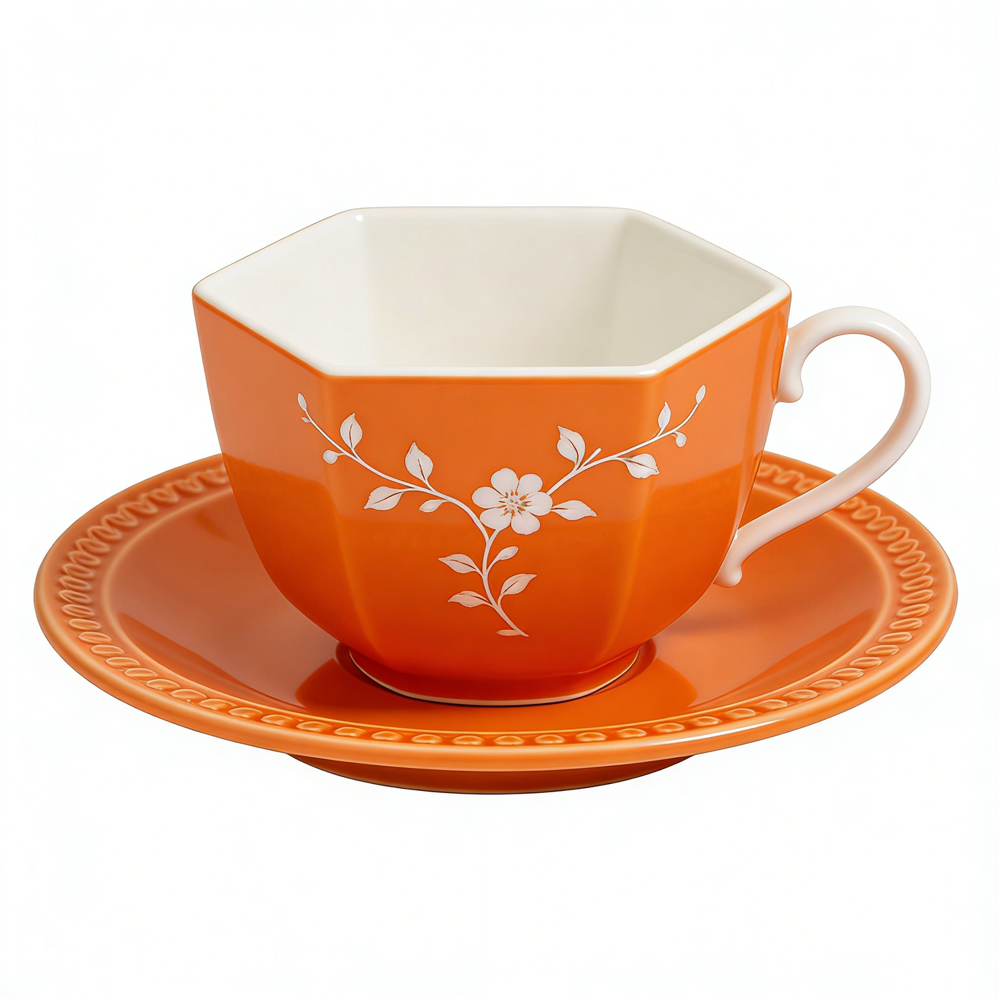 Orange Floral Hexagon Ceramic Cup & Saucer