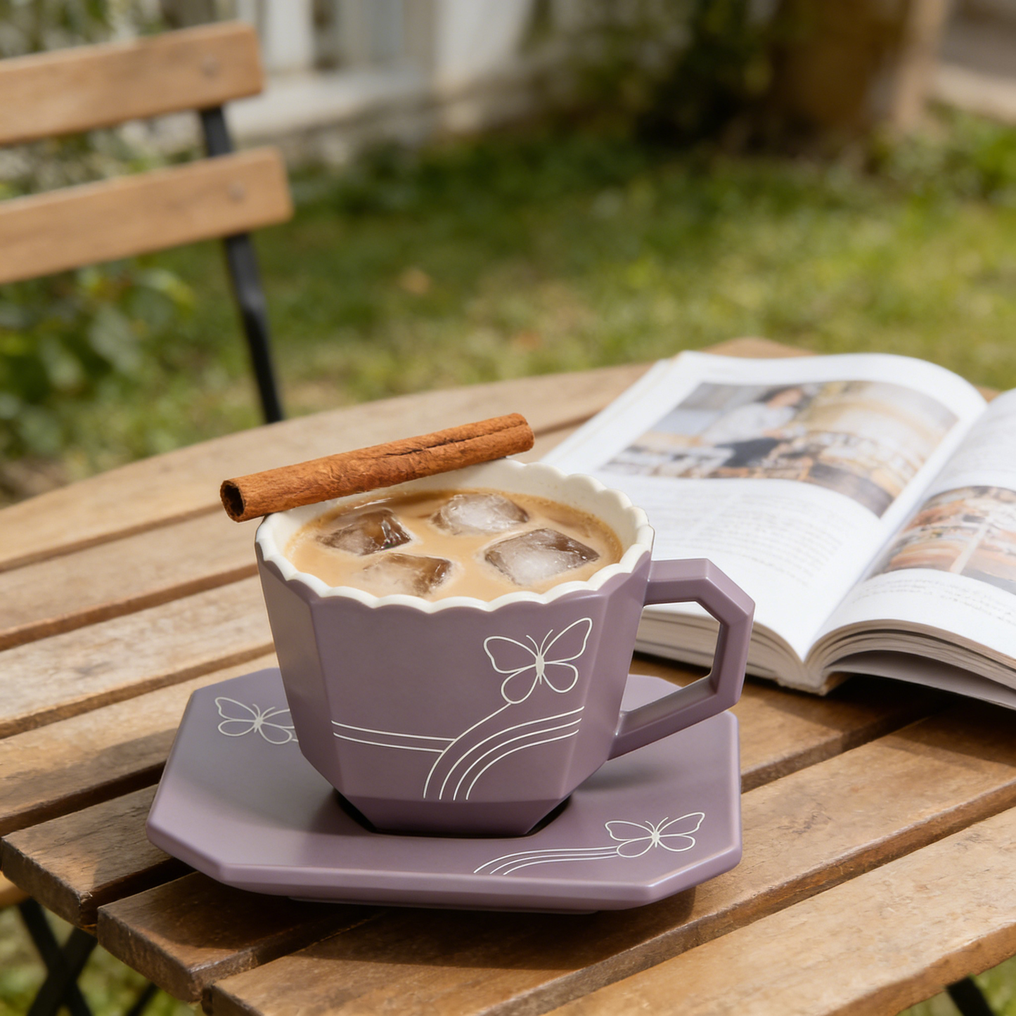 Purple Butterfly Hexagon Ceramic Cup & Saucer