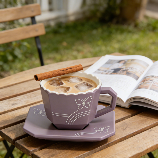 Purple Butterfly Hexagon Ceramic Cup & Saucer