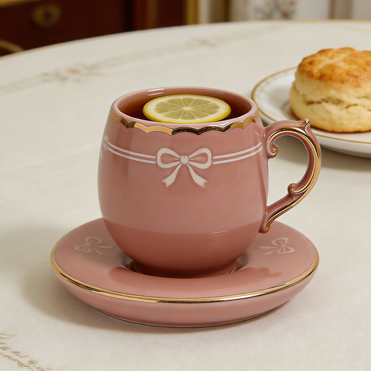 Pink Bow Gold Trim Ceramic Cup & Saucer
