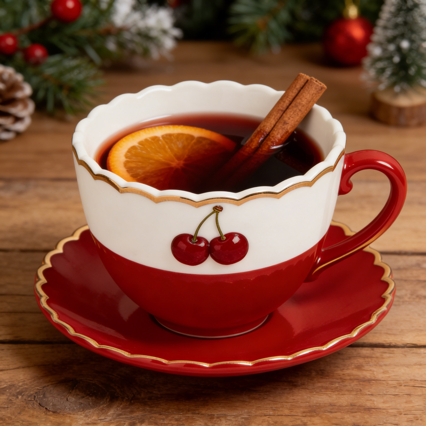 Cherry Red & White Ceramic Cup & Saucer