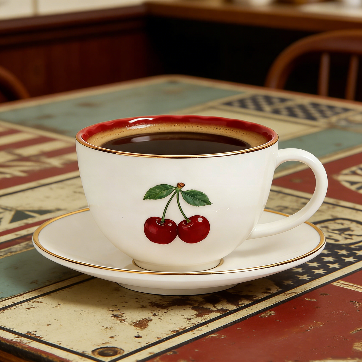 Cherry White & Red Ceramic Cup & Saucer
