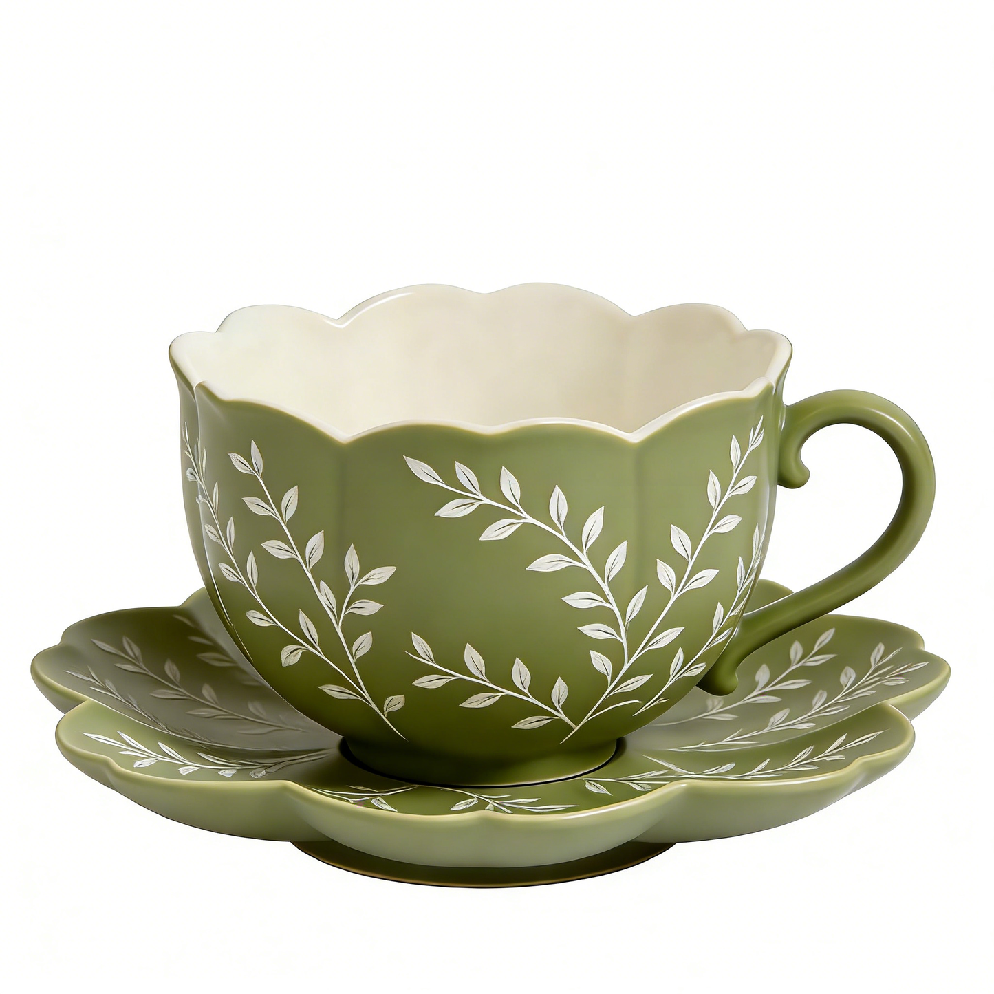 Green Leaf Scallop Ceramic Cup & Saucer