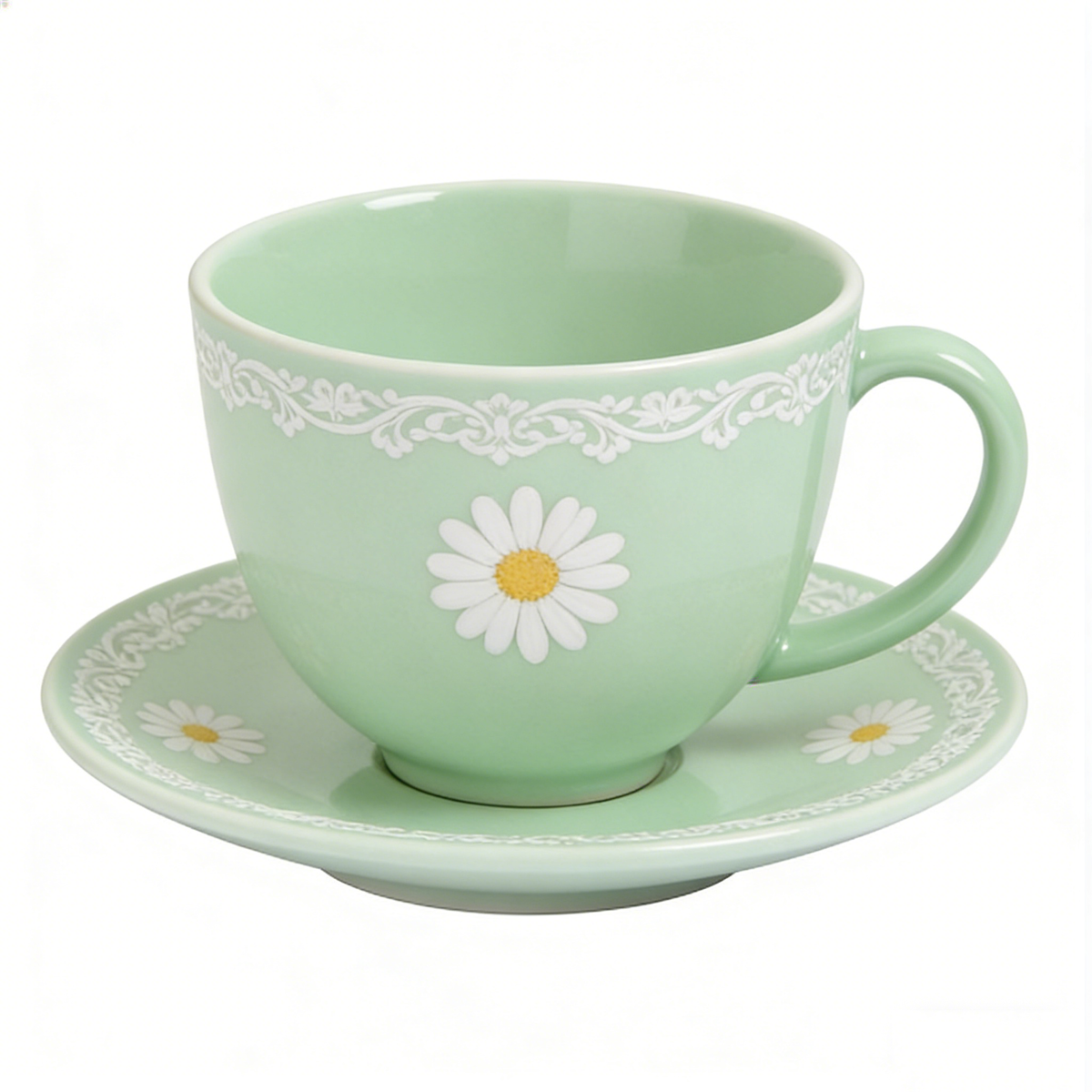 Mint Green Daisy Ceramic Cup & Saucer