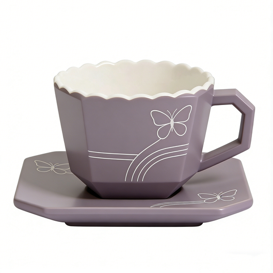 Purple Butterfly Hexagon Ceramic Cup & Saucer