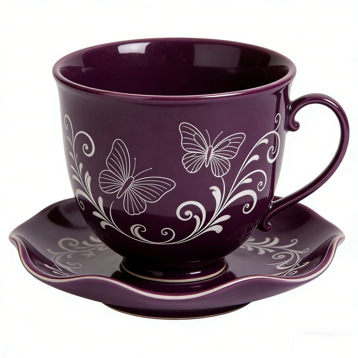 Dark Purple Butterfly Ceramic Cup & Saucer