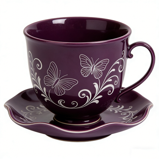 Dark Purple Butterfly Ceramic Cup & Saucer