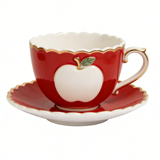 Red & White Apple Ceramic Cup & Saucer