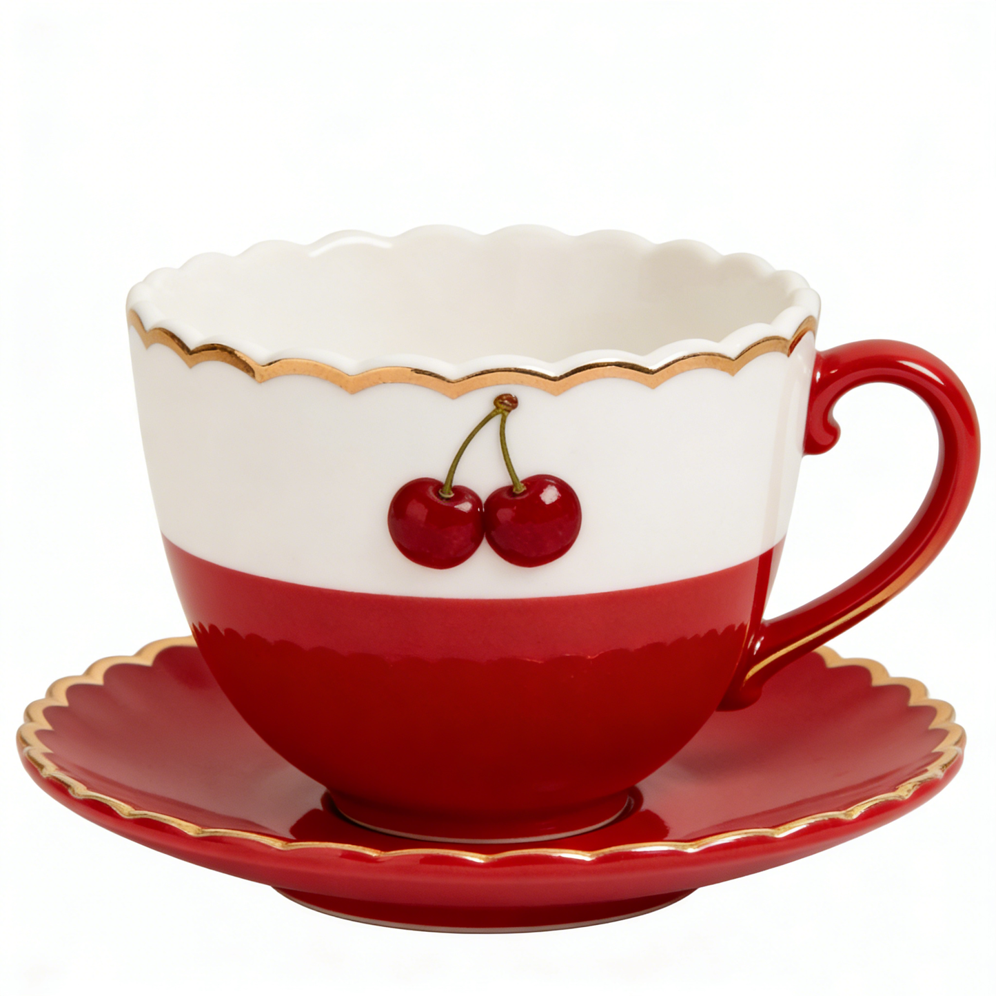 Cherry Red & White Ceramic Cup & Saucer