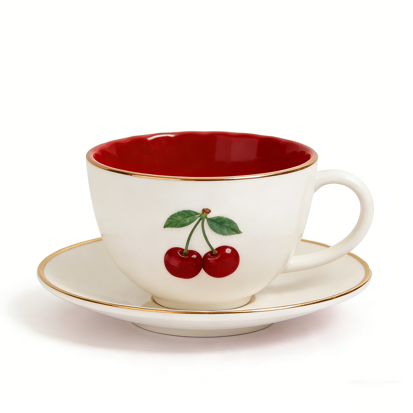 Cherry White & Red Ceramic Cup & Saucer