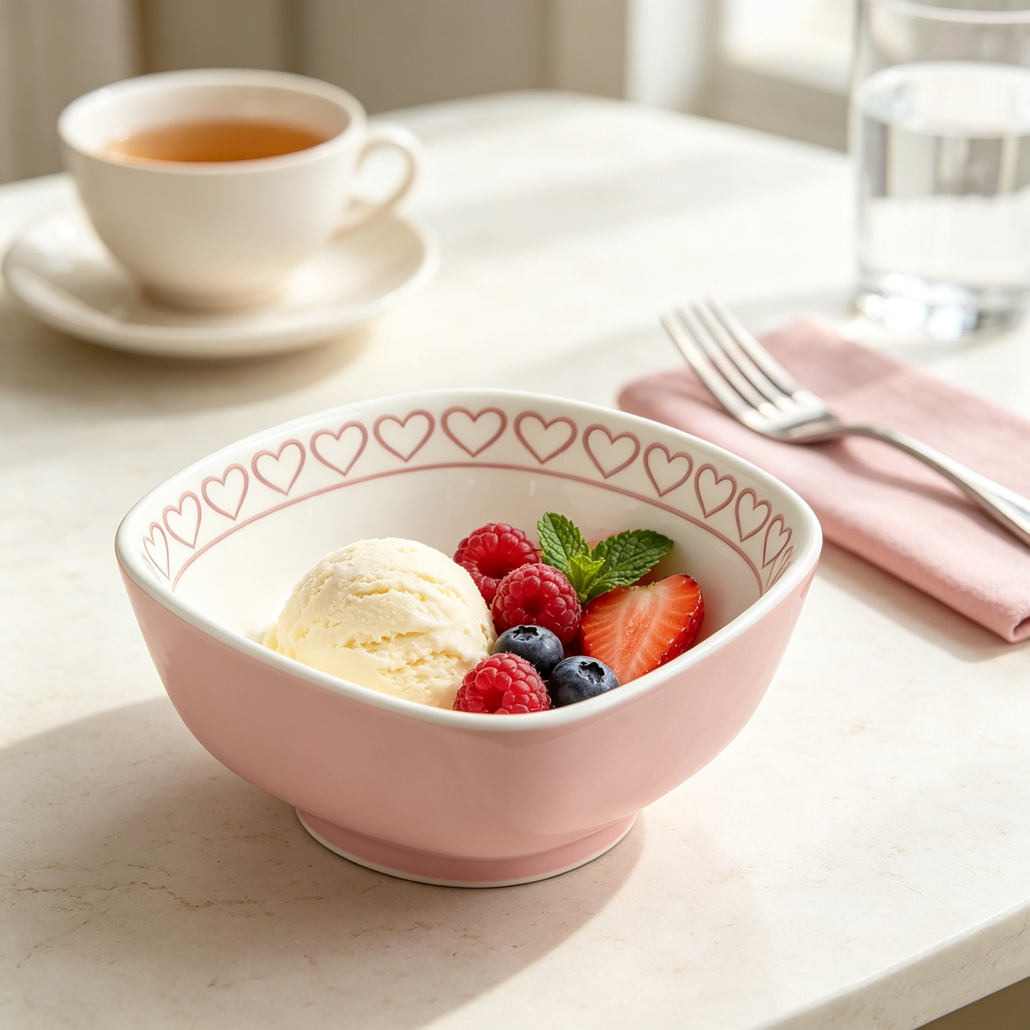 Pink Heart Rim Square Ceramic Bowl